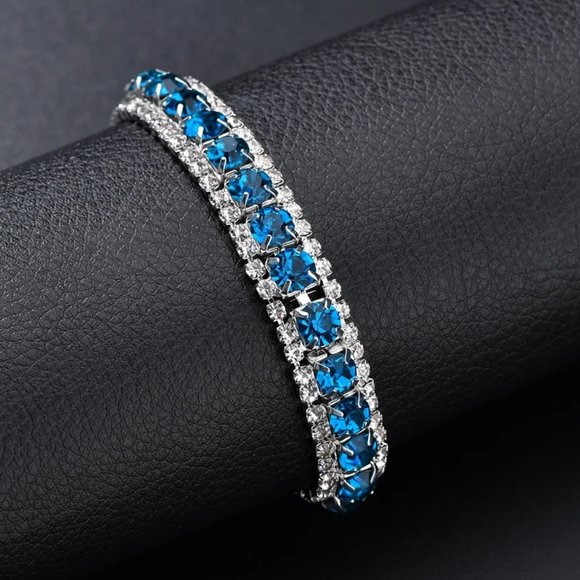 Prom Pageant Bridal Jewelry - Petite 6" Blue & White Crystal Rhinestone Bracelet